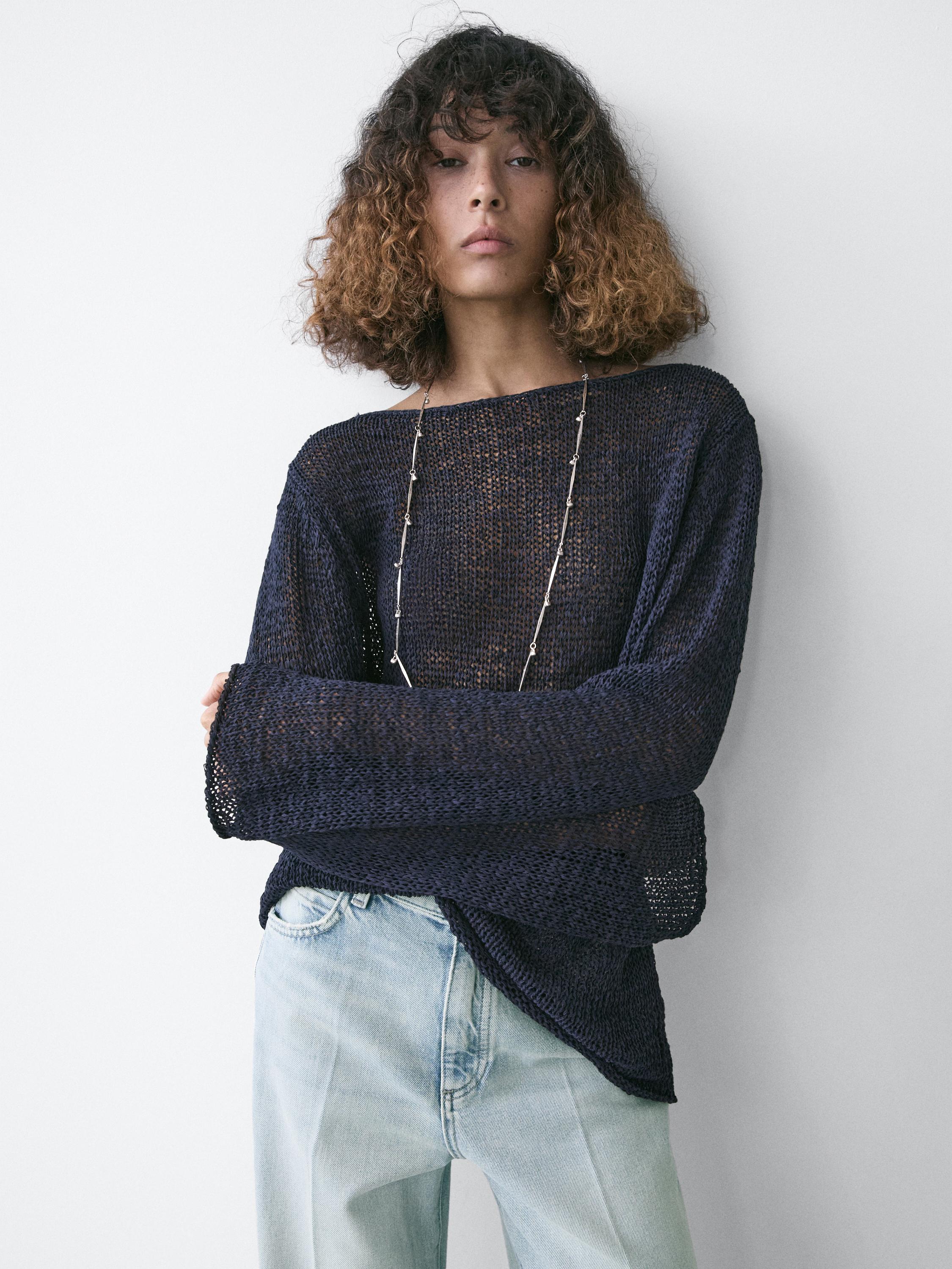 Cotton blend knit boat neck sweater